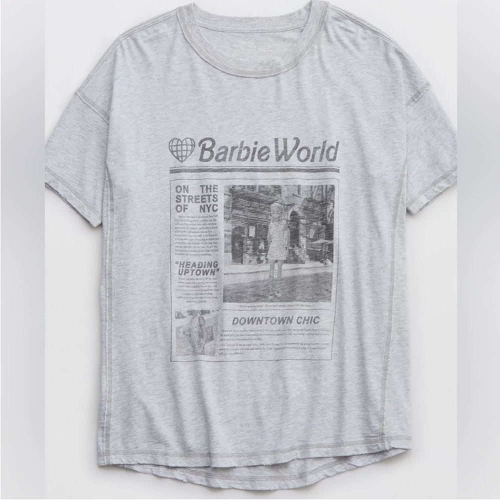 Aerie Gray Barbie World Newspaper Graphic Oversized Super Soft Tee Comfy XXS
